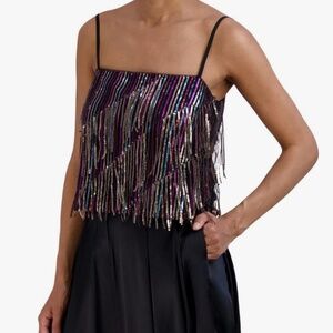 BCBGMAXAZRIA Women's Sleeveless Scoop Neck Sequin Fringe Pullover Cami Top SMALL